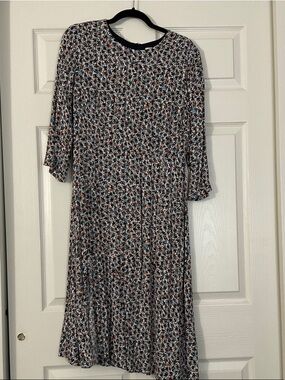 LOFT Black Floral Midi Dress with Multicolor Accents